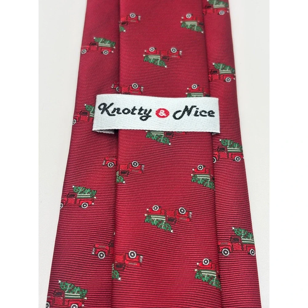 Knotty & Nice Mens Christmas Tie Red Vintage Truck Tree Holiday Necktie Burgundy